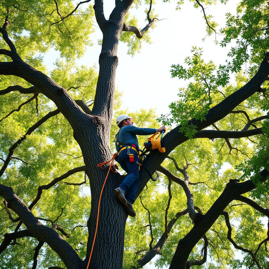 Certified arborist climbing a tall oak with rope and harness