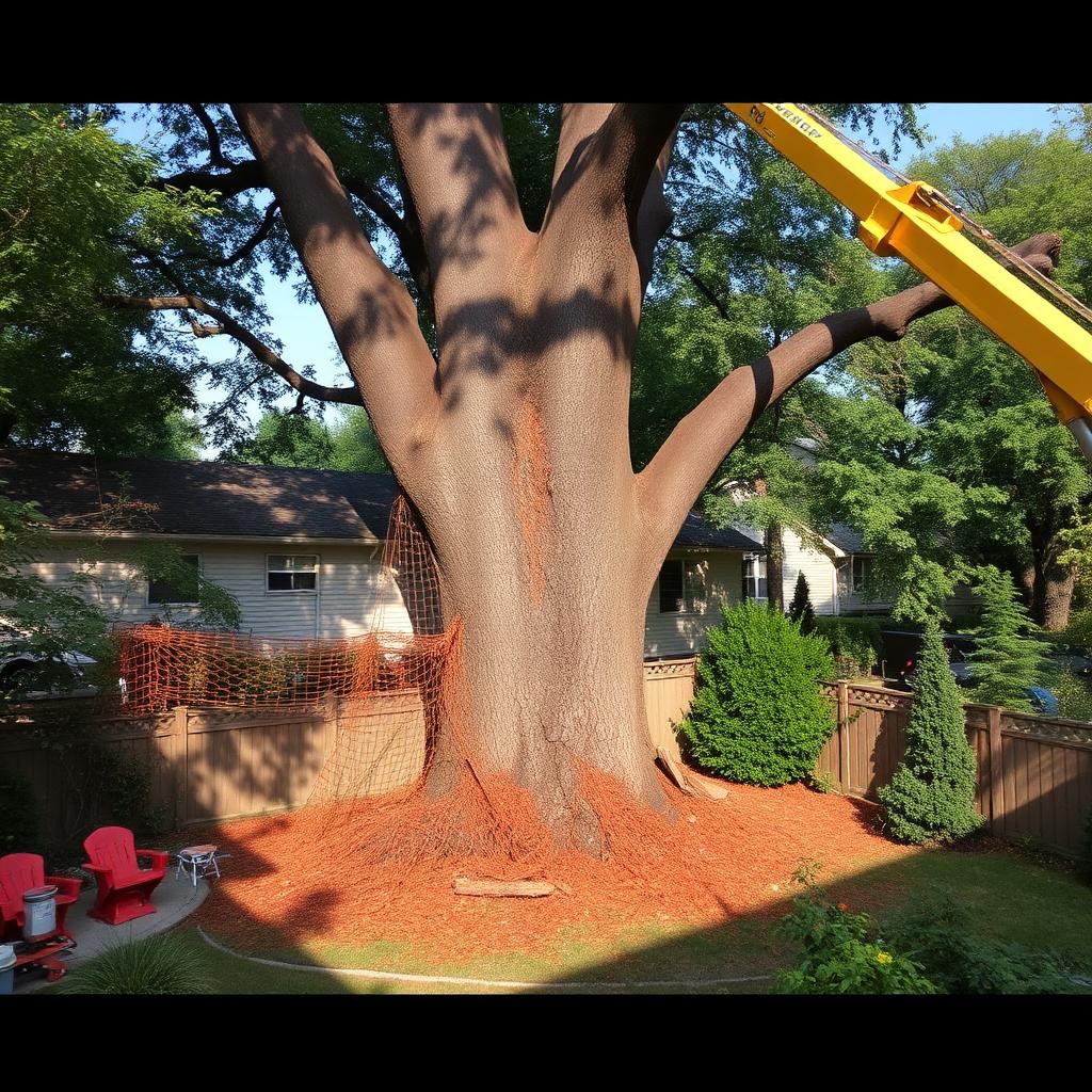 Crane-assisted removal of a large backyard tree