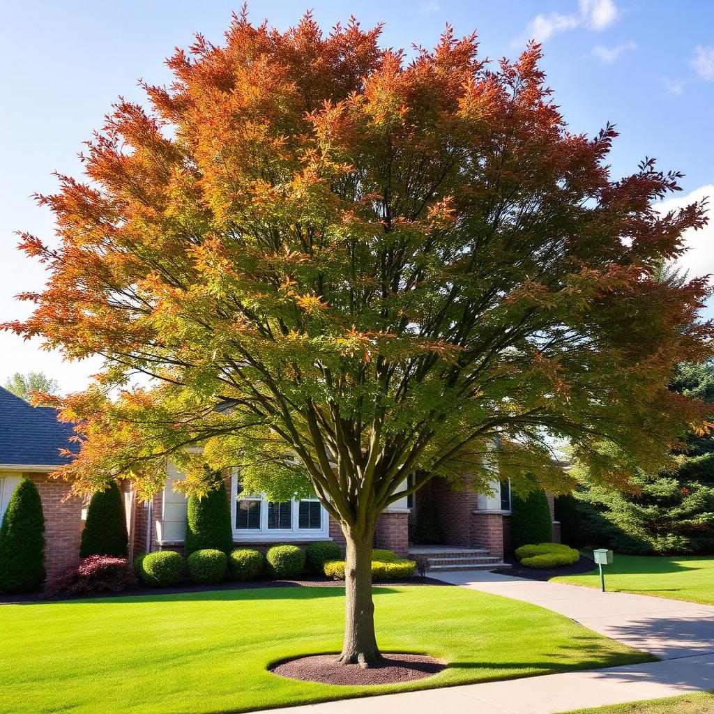 Freshly pruned mature maple in a residential front yard