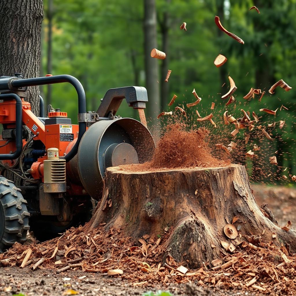 Stump grinder reducing a large stump below grade