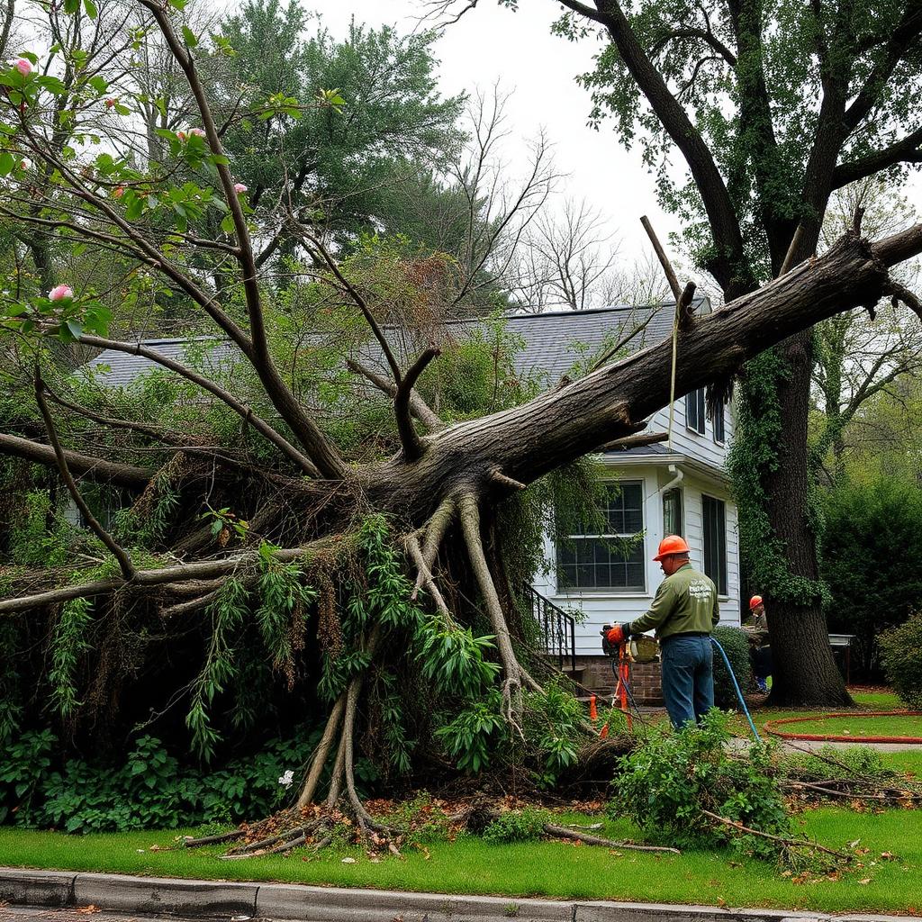 Storm-felled tree being cleared from a home