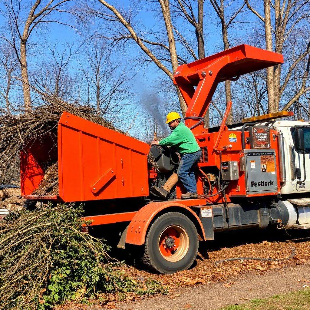 Crew loading branches into a wood chipper